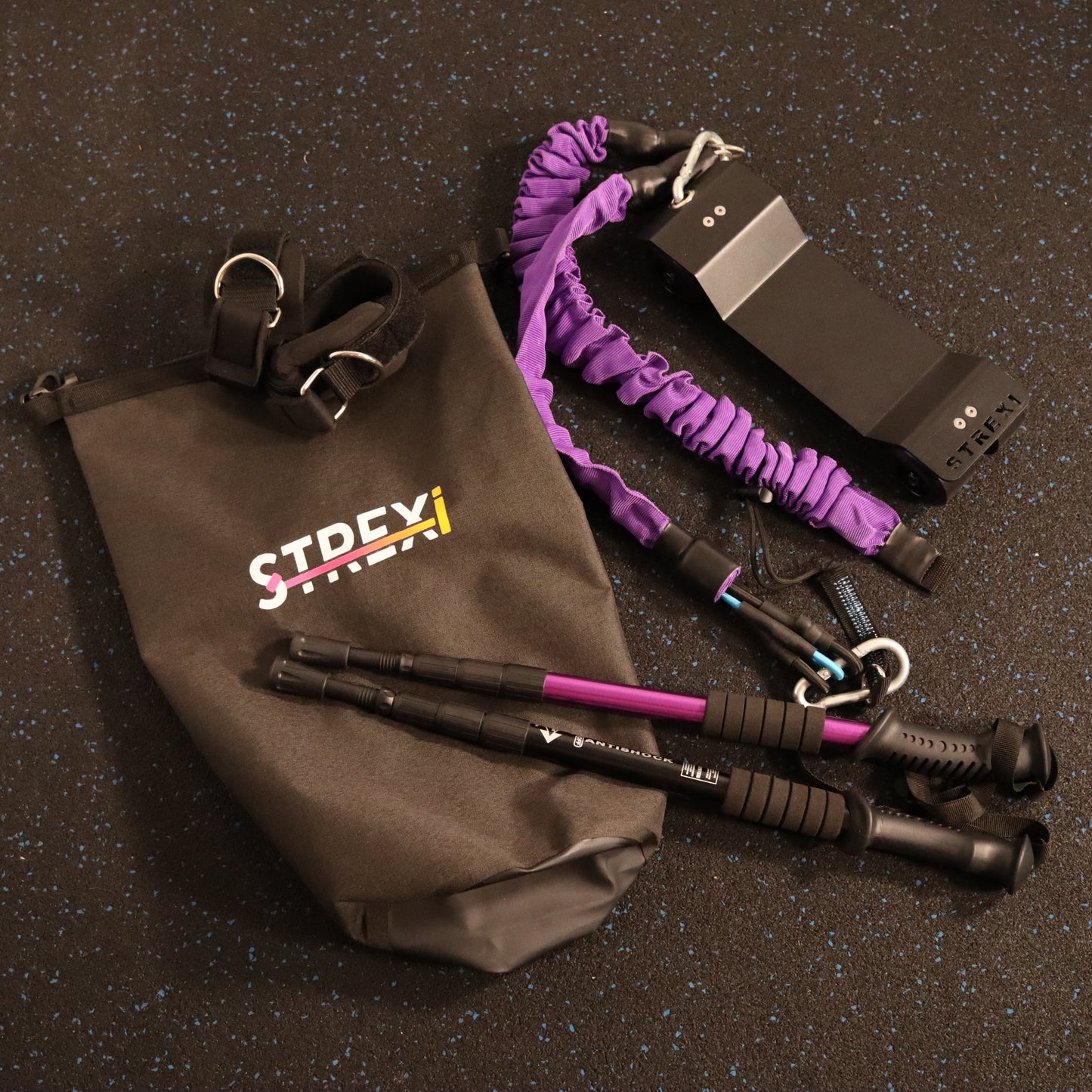 Strexi stretching machine package with purple bands