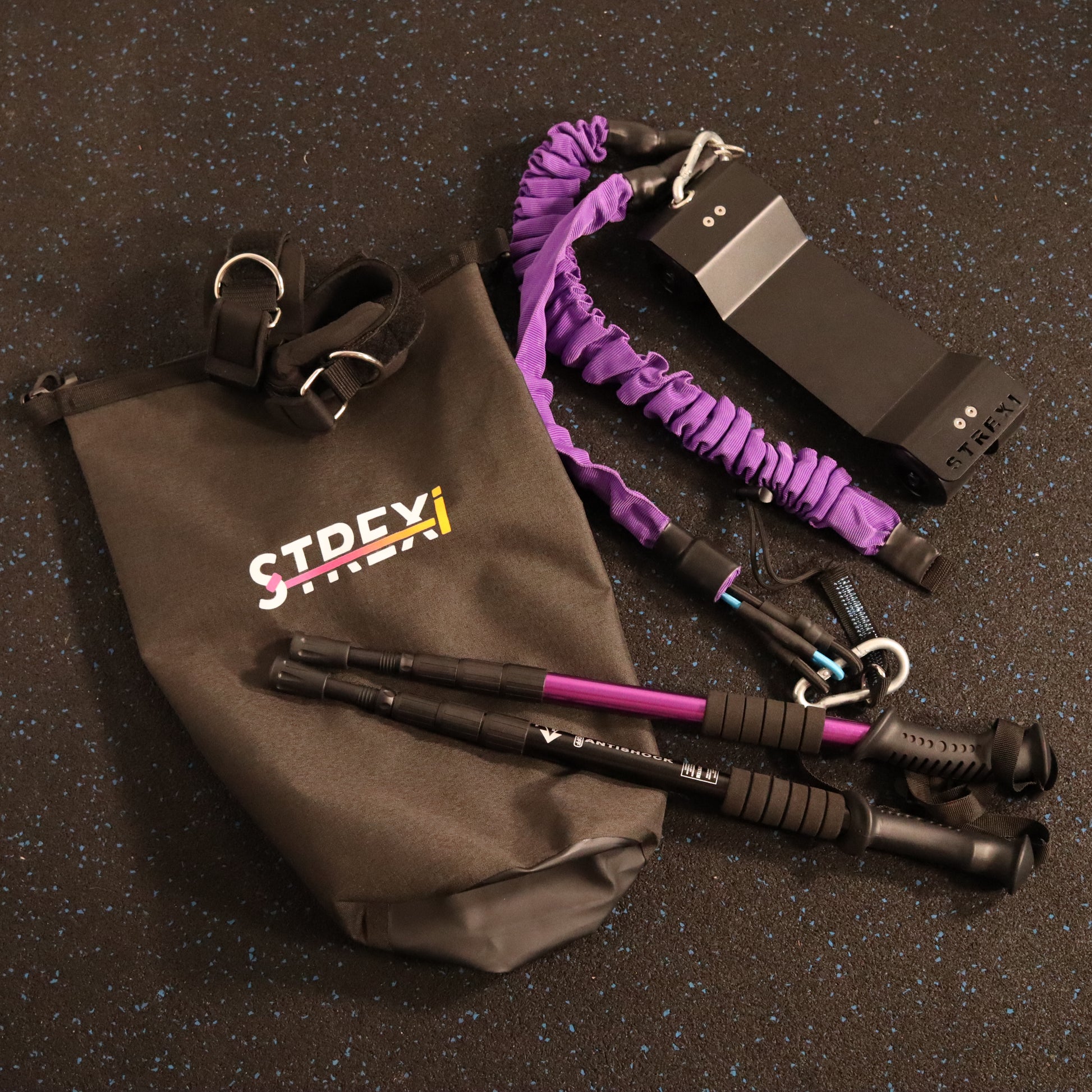 Strexi stretching machine package with purple bands