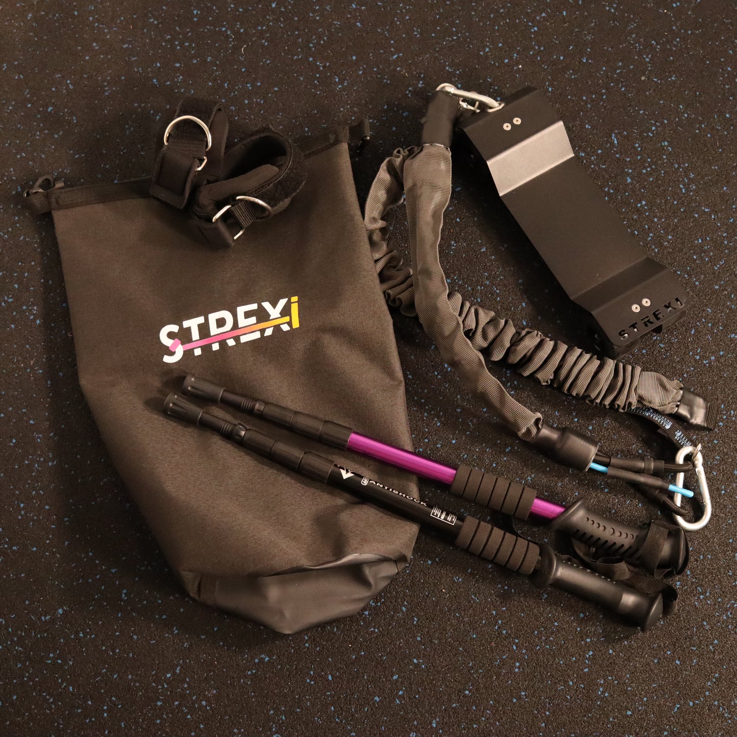 Strexi stretching machine package with grey bands