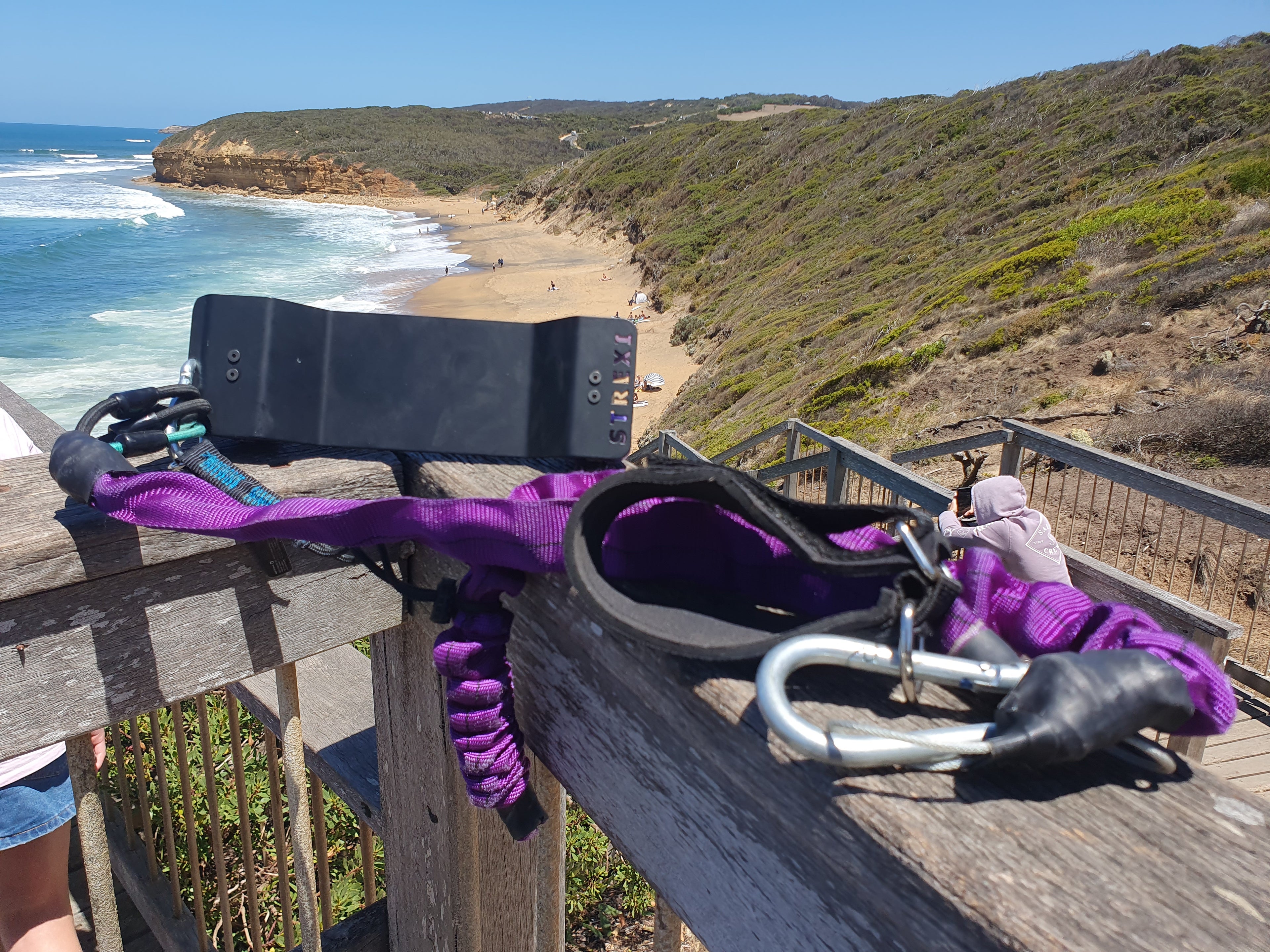 Strexi Stretching Machine Sitting on Fence at Bells Beach